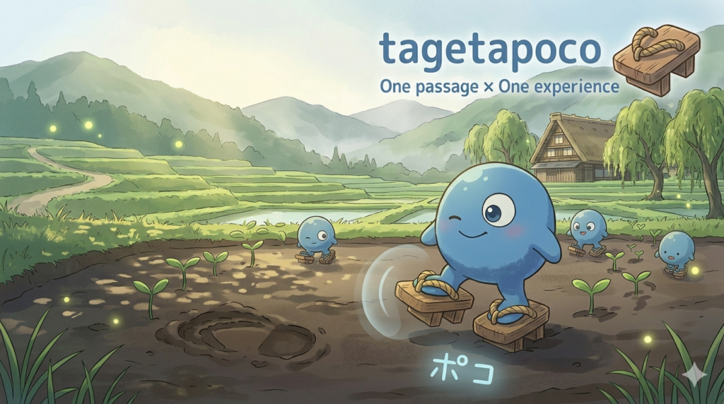 「一節×体験」というキャッチコピーが書かれた、たげたぽこ（tagetapoco）のブランドイメージ画像。