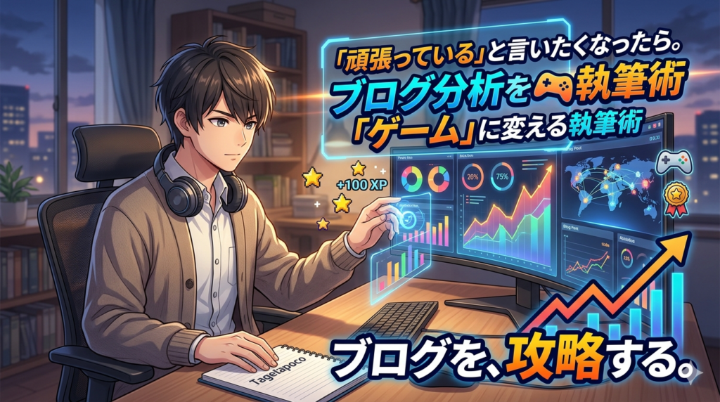 「 ブログを、攻略する。 」というキャッチコピーが書かれた、たげたぽこ（tagetapoco）のブランドイメージ画像。