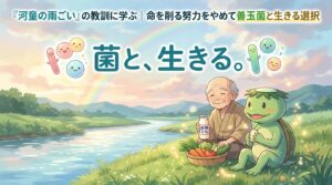 「 菌と、生きる。 」 というキャッチコピーが書かれた、たげたぽこ（tagetapoco）のブランドイメージ画像。